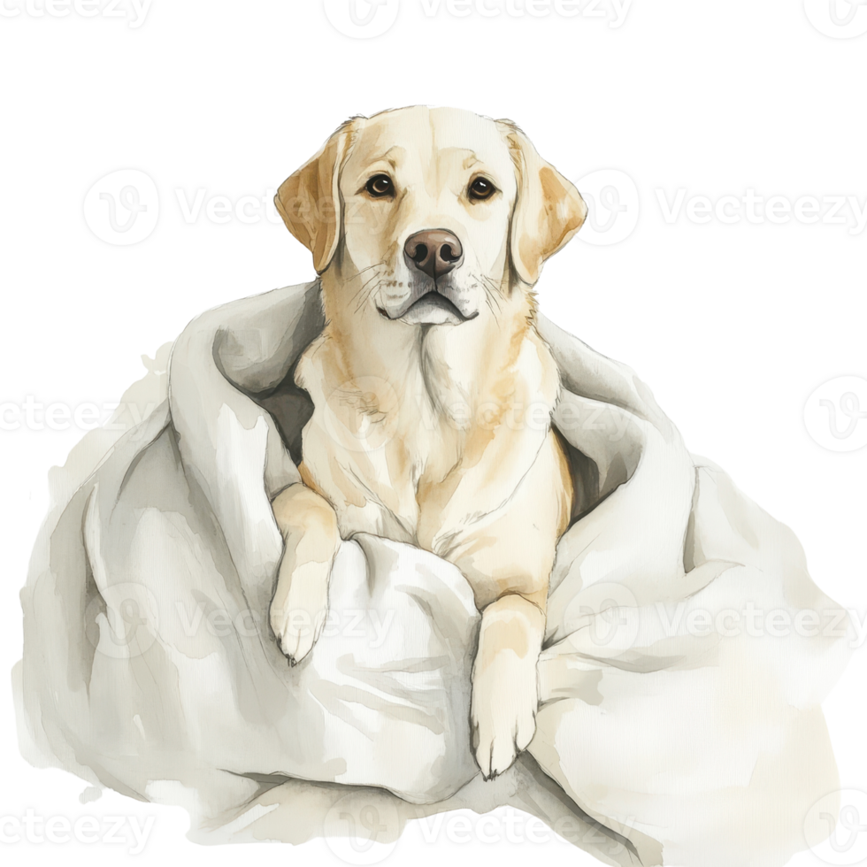 A cozy Labrador retriever wrapped in a soft blanket, radiating warmth and comfort. png