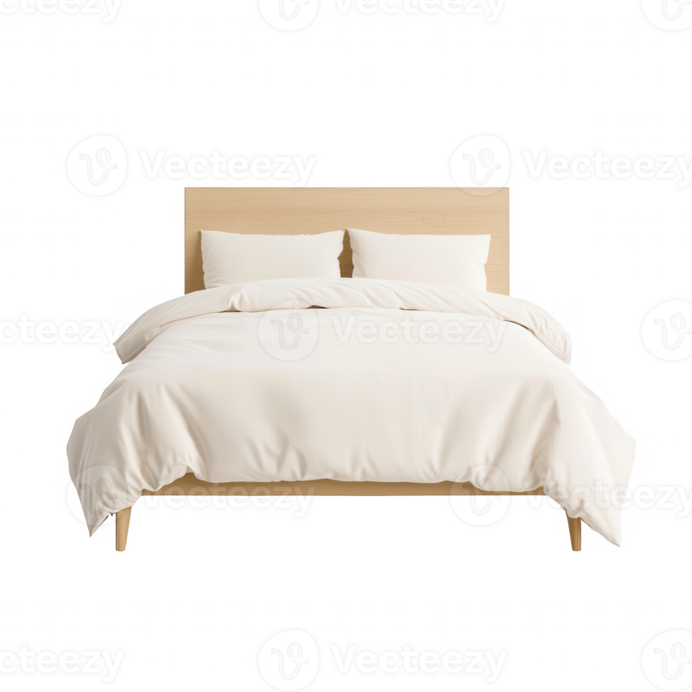 A cozy bed with soft, white bedding inviting relaxation and comfort. png