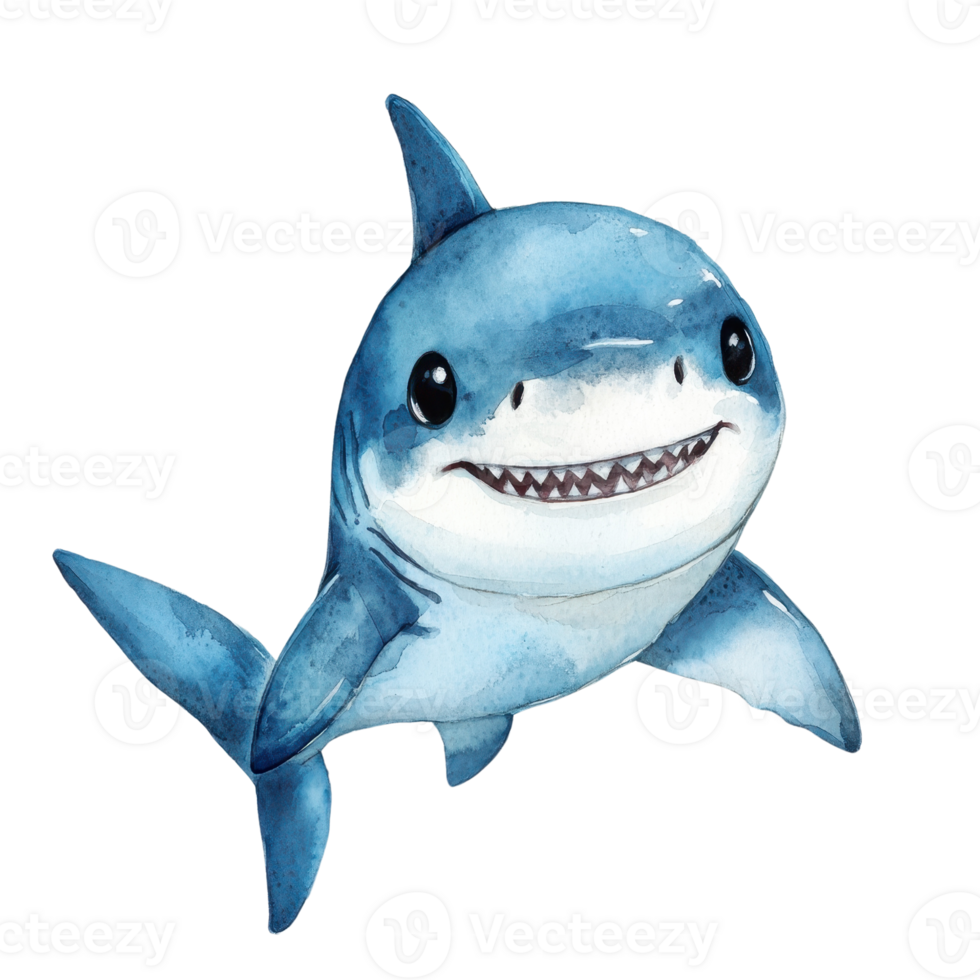 A cheerful, watercolor illustration of a friendly shark swimming happily. png