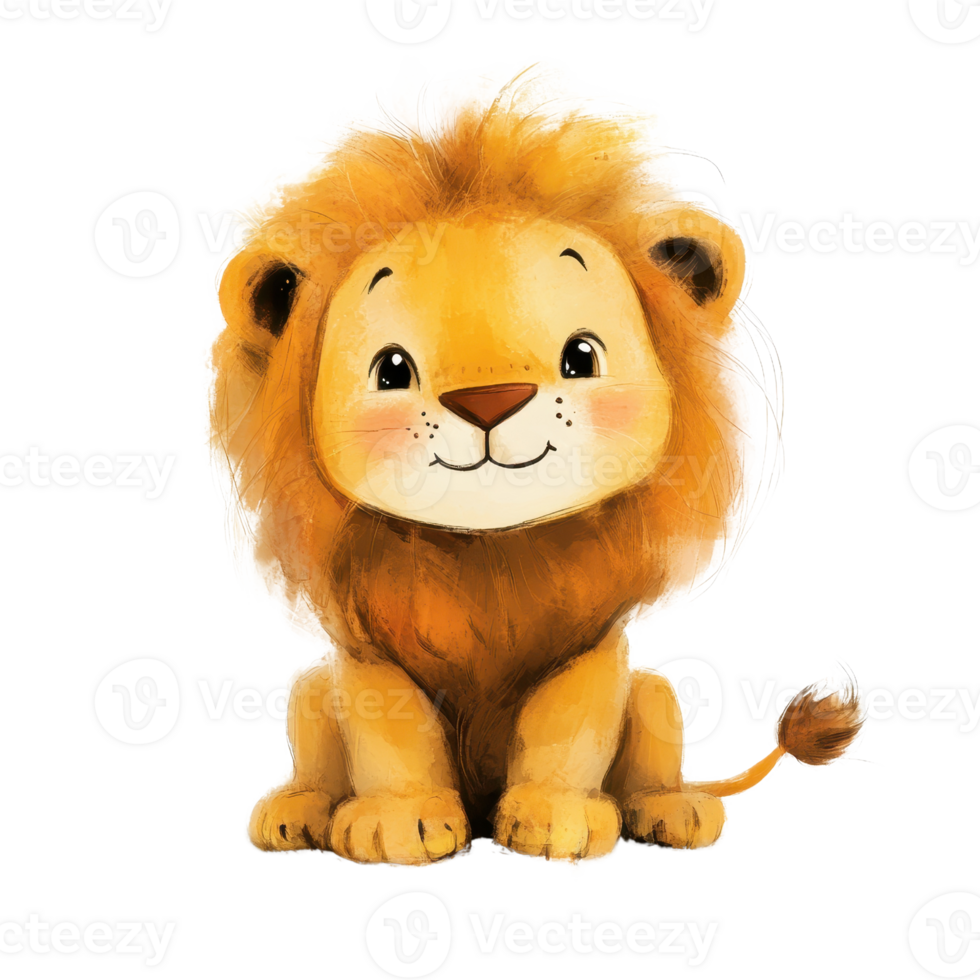A cute cartoon lion with a fluffy mane, sitting and looking playful and friendly. png
