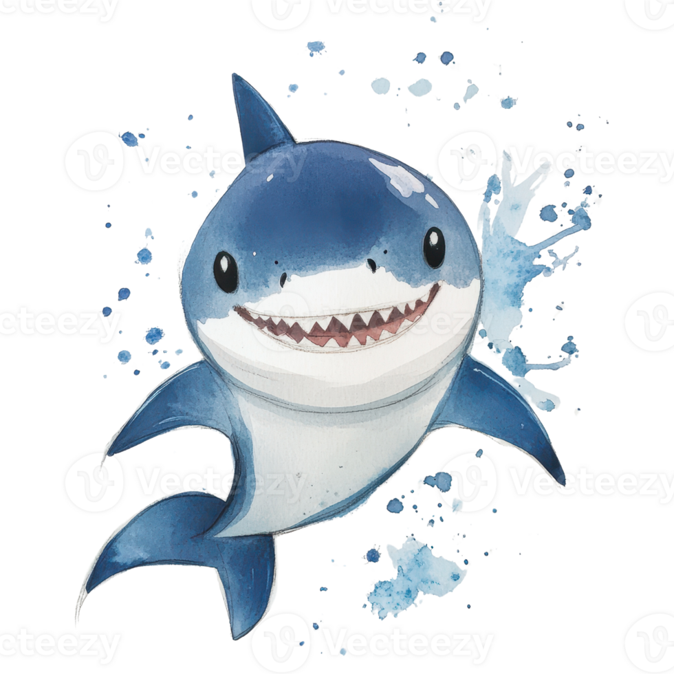 A cheerful cartoon shark swimming joyfully in a splash of blue water. png