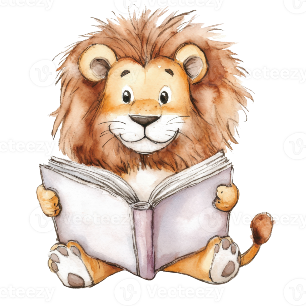 A cheerful lion reading a book, embodying curiosity and playful learning. png