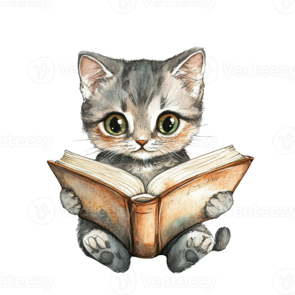 A cute cat reading a book, capturing the essence of curiosity and imagination. png