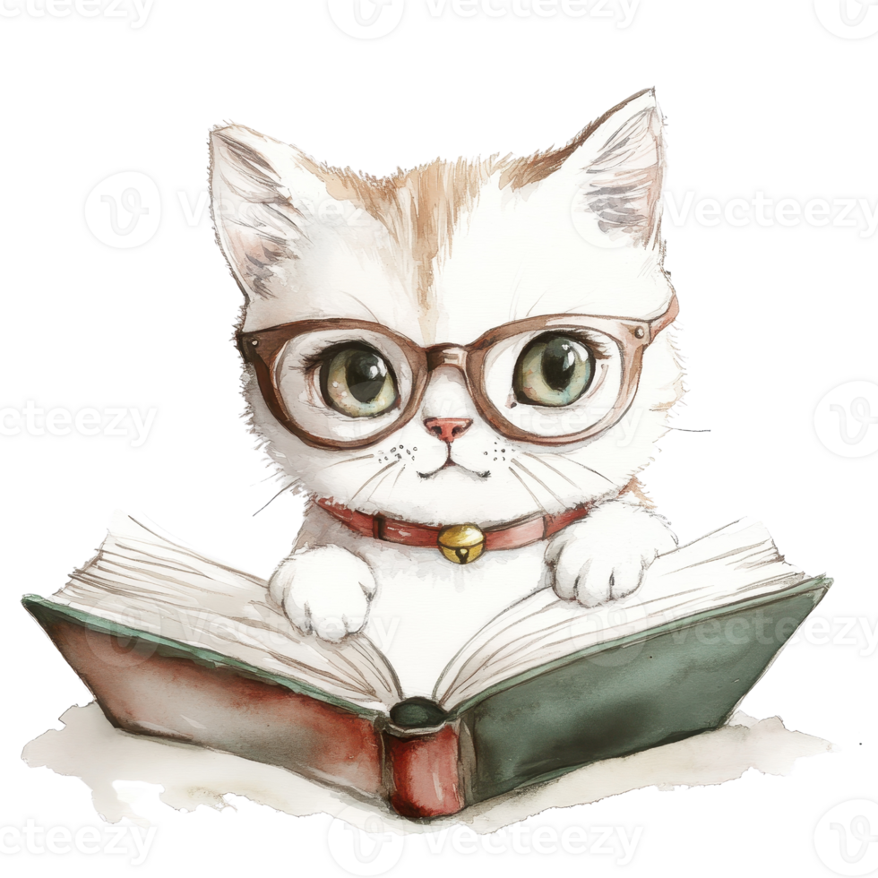 A cute cat wearing glasses, reading a book, perfect for literary themes. png