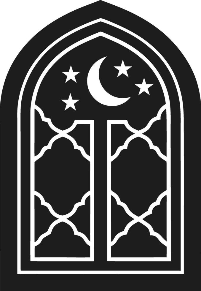 Islamic Arch Window Design with Crescent Moon and Stars Illustration vector