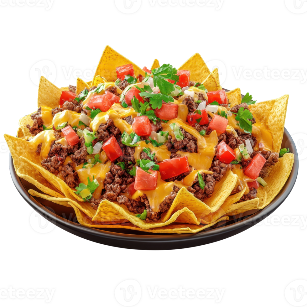 A delicious plate of nachos topped with cheese, beef, and fresh vegetables. png