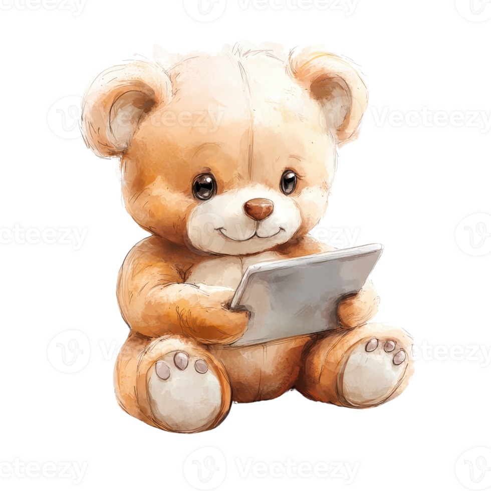 A cute teddy bear sitting while holding a tablet, representing playful technology use. png