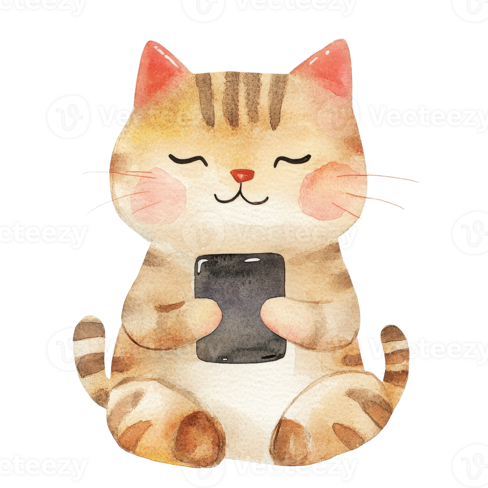 A cute watercolor cat happily holding a smartphone with a joyful expression. png