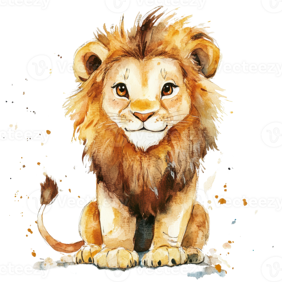 A cute watercolor illustration of a lion sitting gracefully and looking playful. png