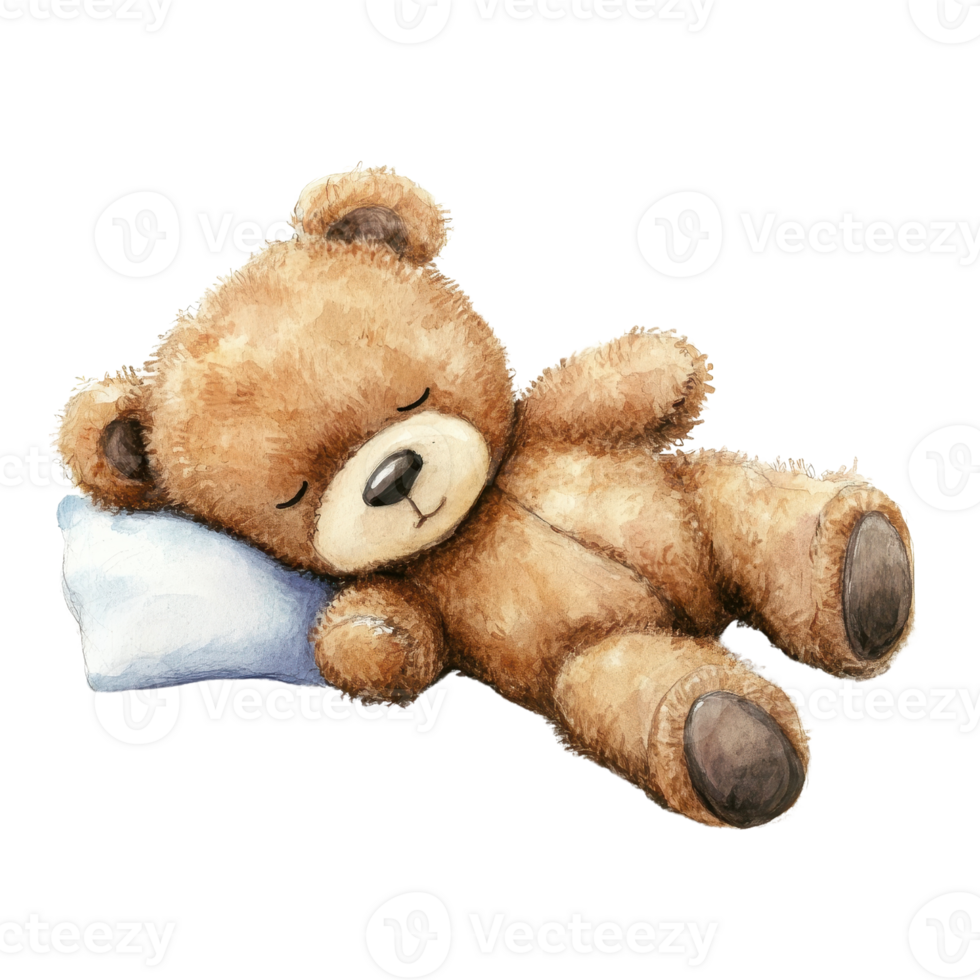 A cute teddy bear peacefully sleeping on a soft pillow, evoking comfort and joy. png
