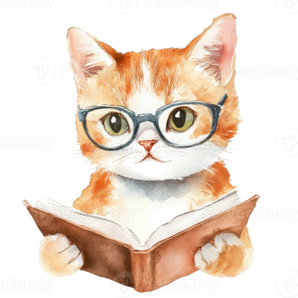 A cute orange cat wearing glasses, reading a book in a playful manner. png