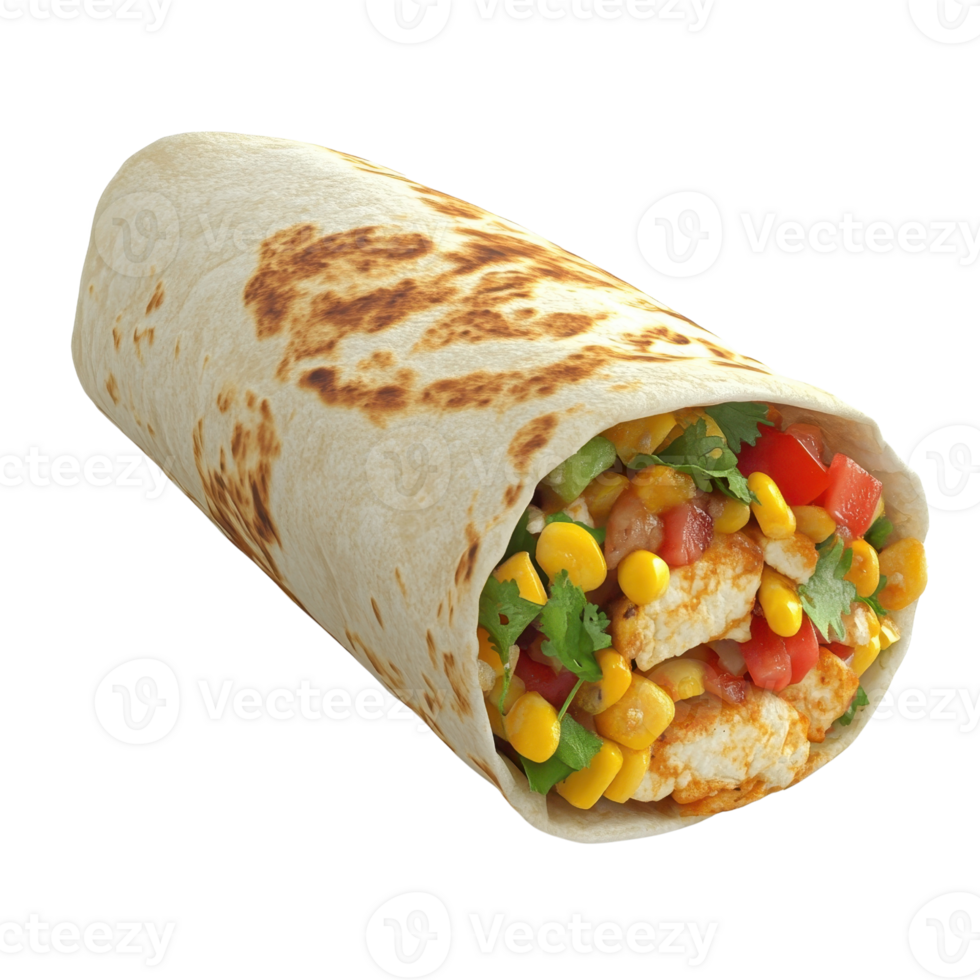 A delicious burrito filled with colorful vegetables and seasoned chicken. png