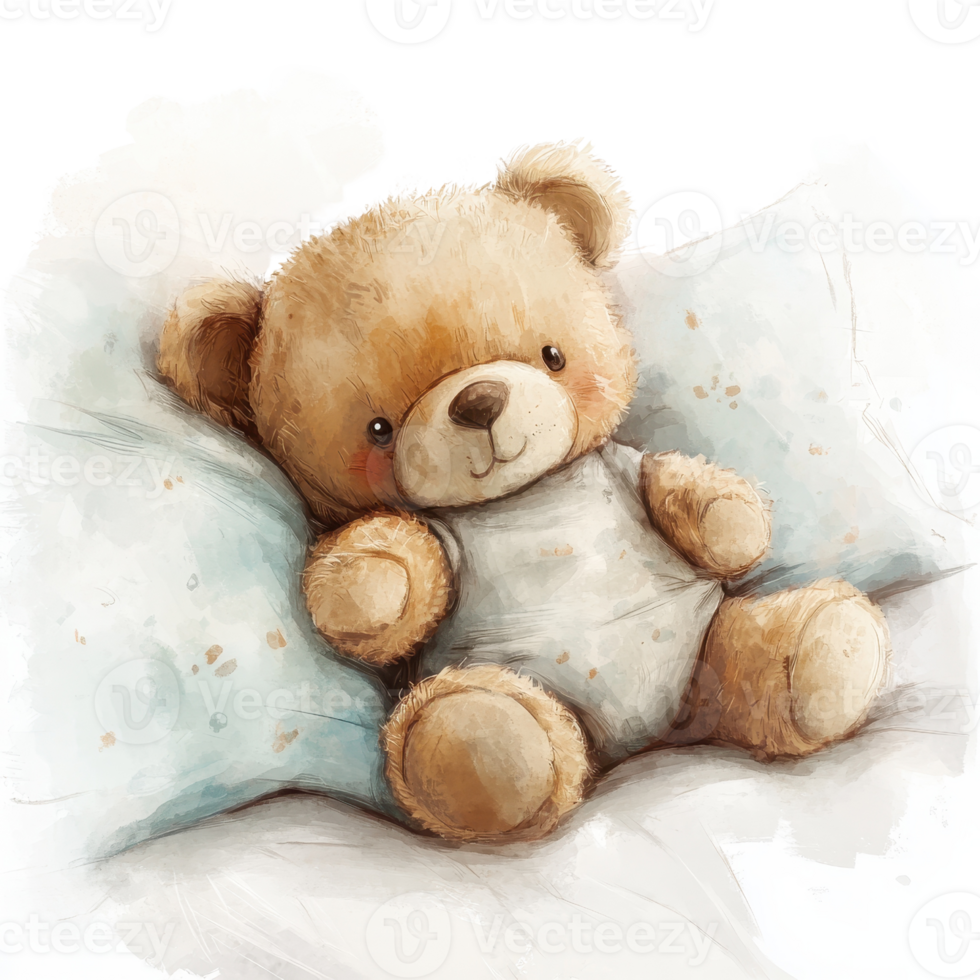 A cute plush teddy bear sitting on a soft pillow in a cozy setting. png