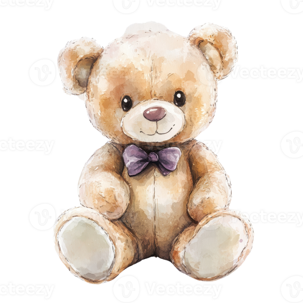 A cute teddy bear with a purple bow, perfect for children's rooms or gifts. png