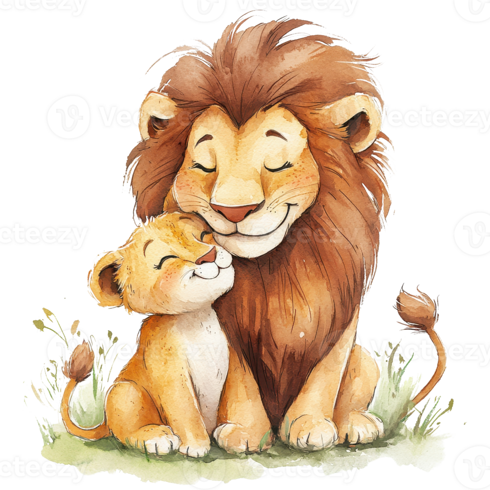A gentle lion and its cub sharing a loving moment in a serene, green environment. png