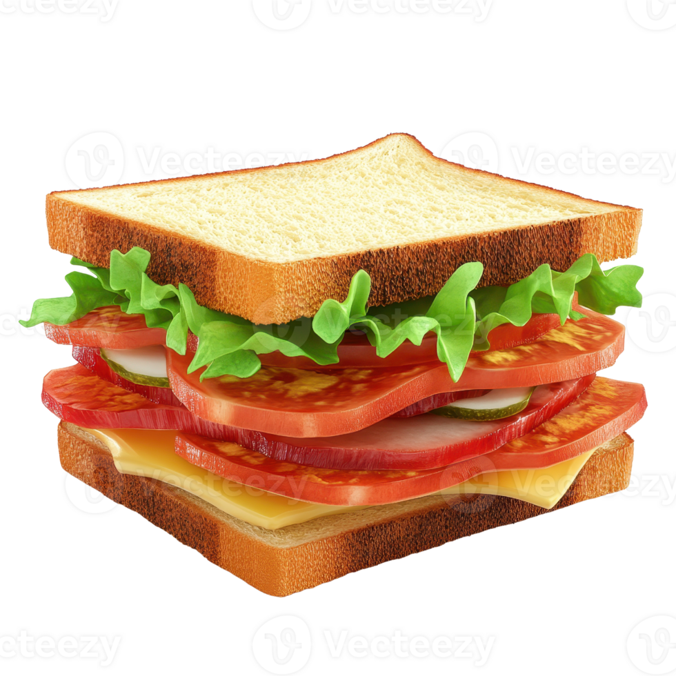 A delicious sandwich stacked with fresh ingredients and vibrant colors. png