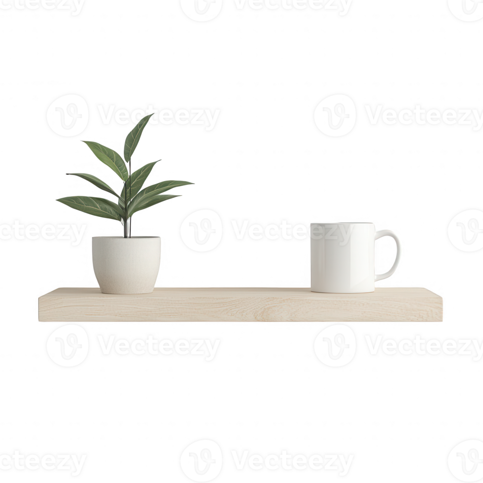 A simple shelf with a potted plant and a white coffee mug, enhancing a cozy atmosphere. png