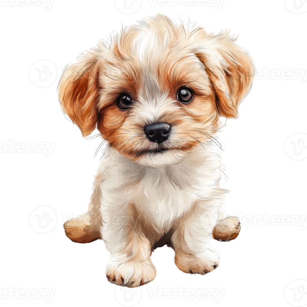 Adorable puppy with fluffy fur, sitting and looking curiously at the viewer. png