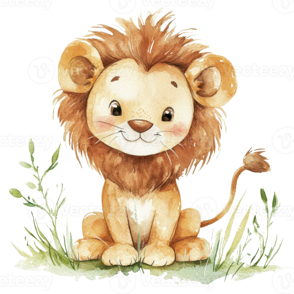 Adorable cartoon lion with a friendly expression, surrounded by greenery. png