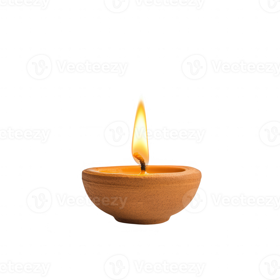 A traditional clay lamp illuminating the darkness with a warm flame. png