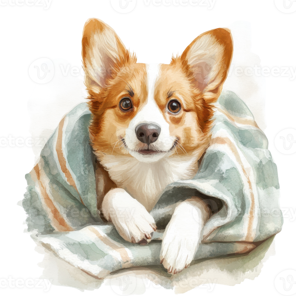 A playful Corgi dog snuggling in a cozy blanket, radiating warmth and joy. png