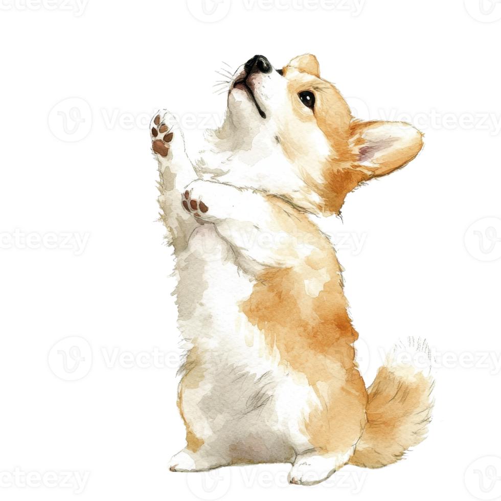 A playful corgi standing on its hind legs with excitement and joy. png