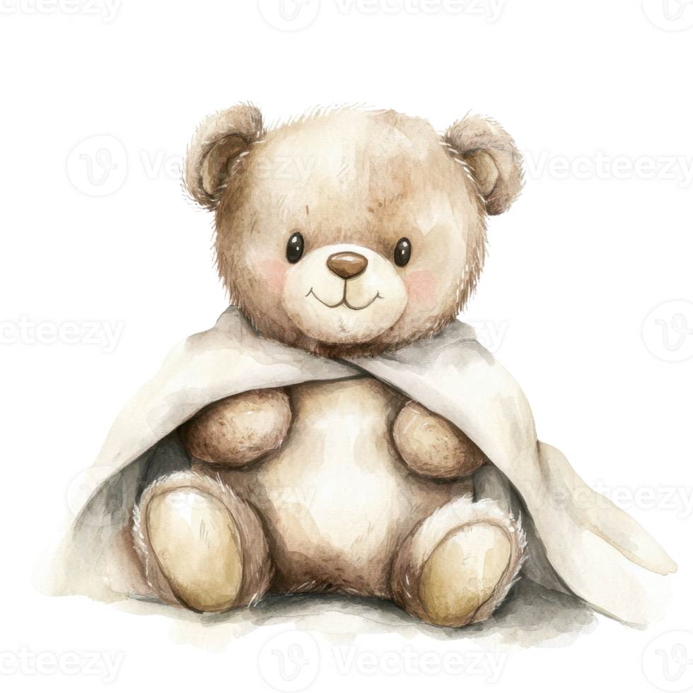 Adorable hand-painted teddy bear wrapped in a cozy blanket, perfect for children's decor. png