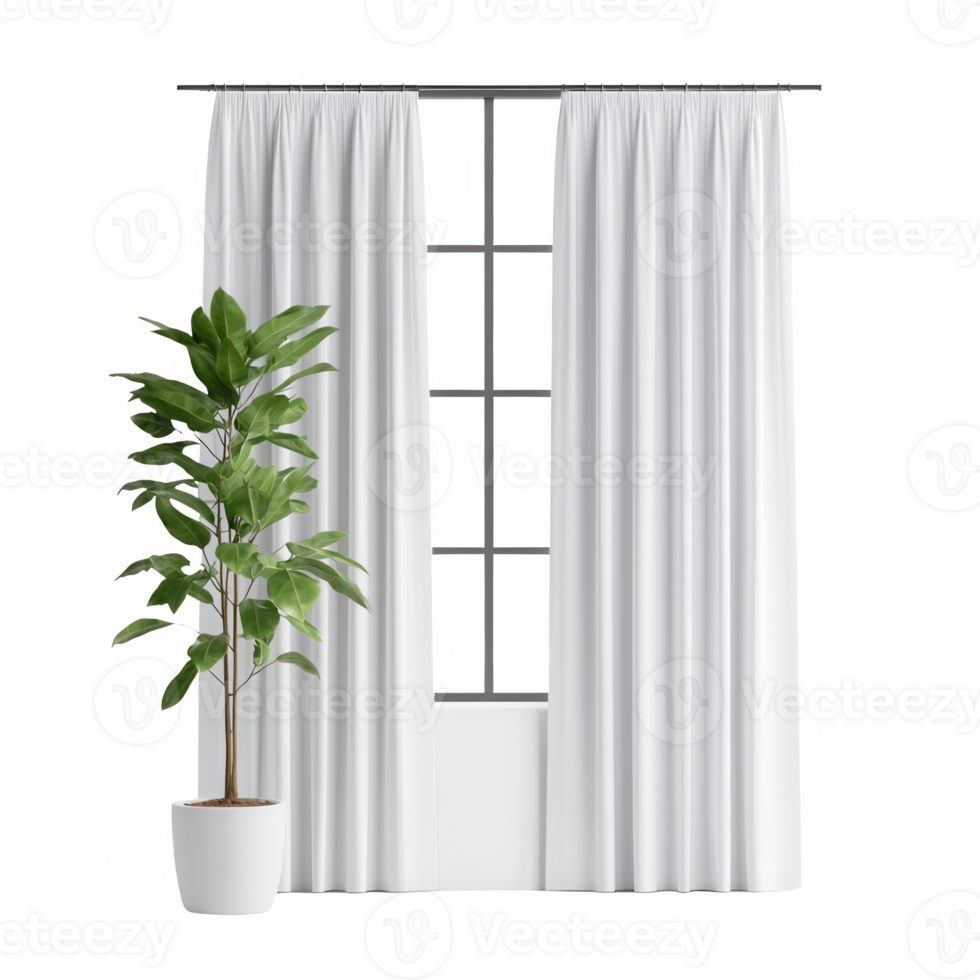 Bright interior with white curtains and green plant beside a window. png