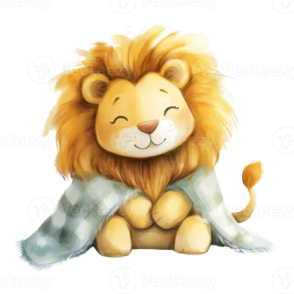 Cute cartoon lion wrapped in a blanket with a cheerful expression. png