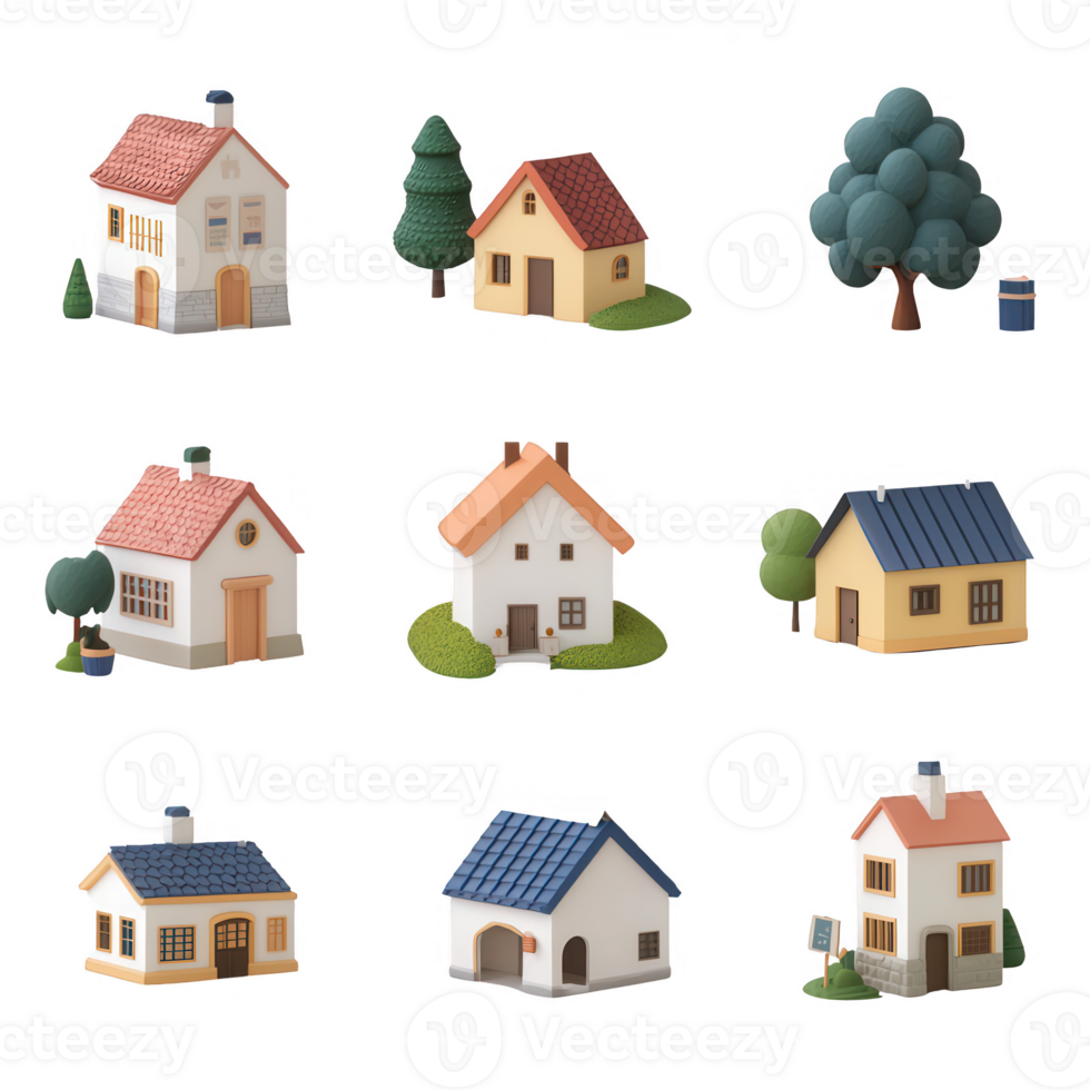 Colorful houses with varied designs and trees create a charming neighborhood scene. png