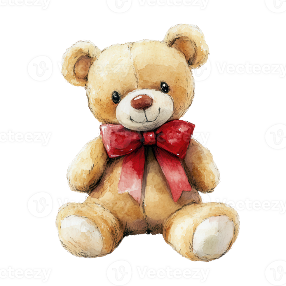 Cute teddy bear with a red bow, perfect for childhood memories or gift occasions. png
