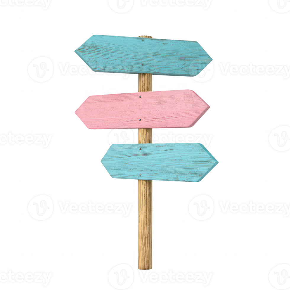 Colorful wooden signpost with three arrows pointing in different directions. png