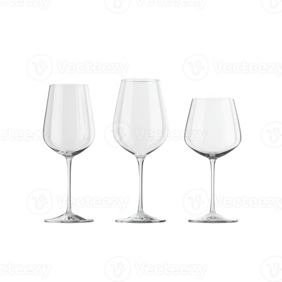 Elegant array of wine glasses in various sizes on a transparent background. png