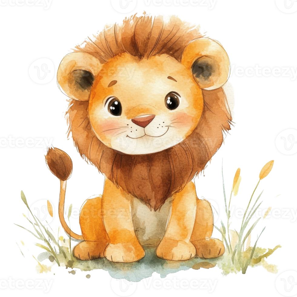 Cute, playful cartoon lion sitting on grass in a colorful, whimsical style. png