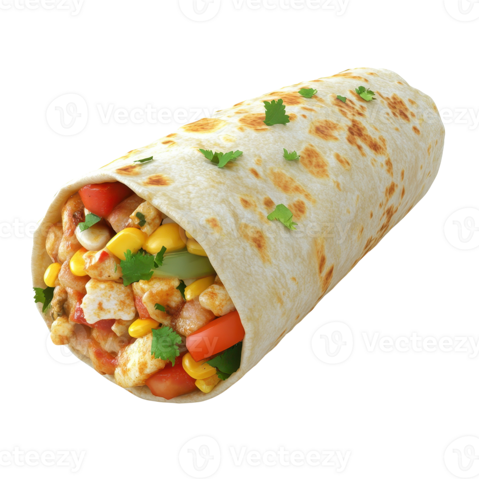 Delicious burrito filled with colorful vegetables and spices, wrapped in soft tortilla. png