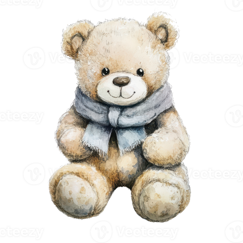 Cute teddy bear wearing a soft scarf, perfect for children's rooms and gift ideas. png