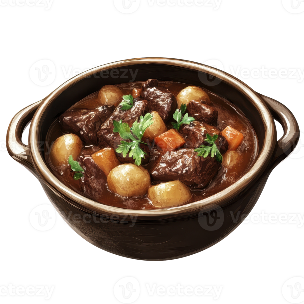 Delicious beef stew with vegetables served in a rustic brown pot. png
