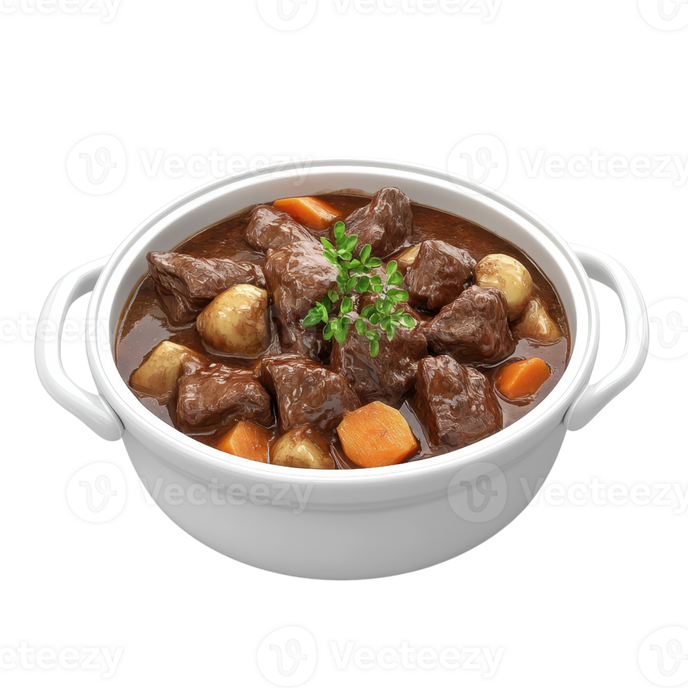 Delicious beef stew with vegetables served in a white bowl for a hearty meal. png