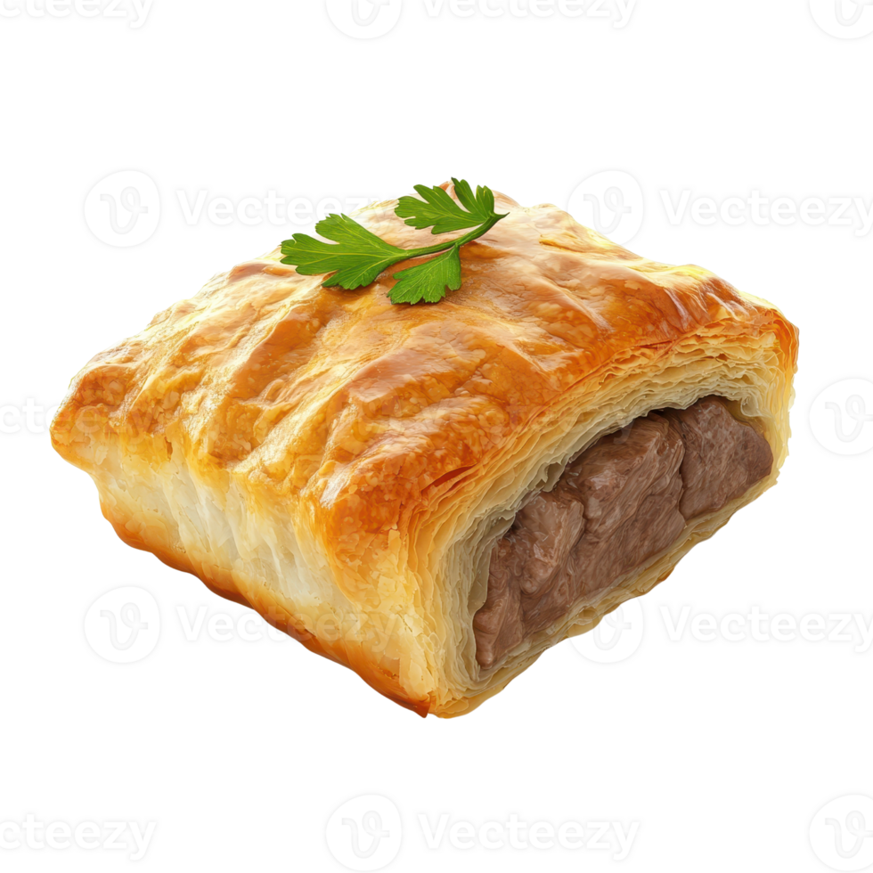Delicious flaky pastry filled with savory meat, garnished with fresh parsley. png