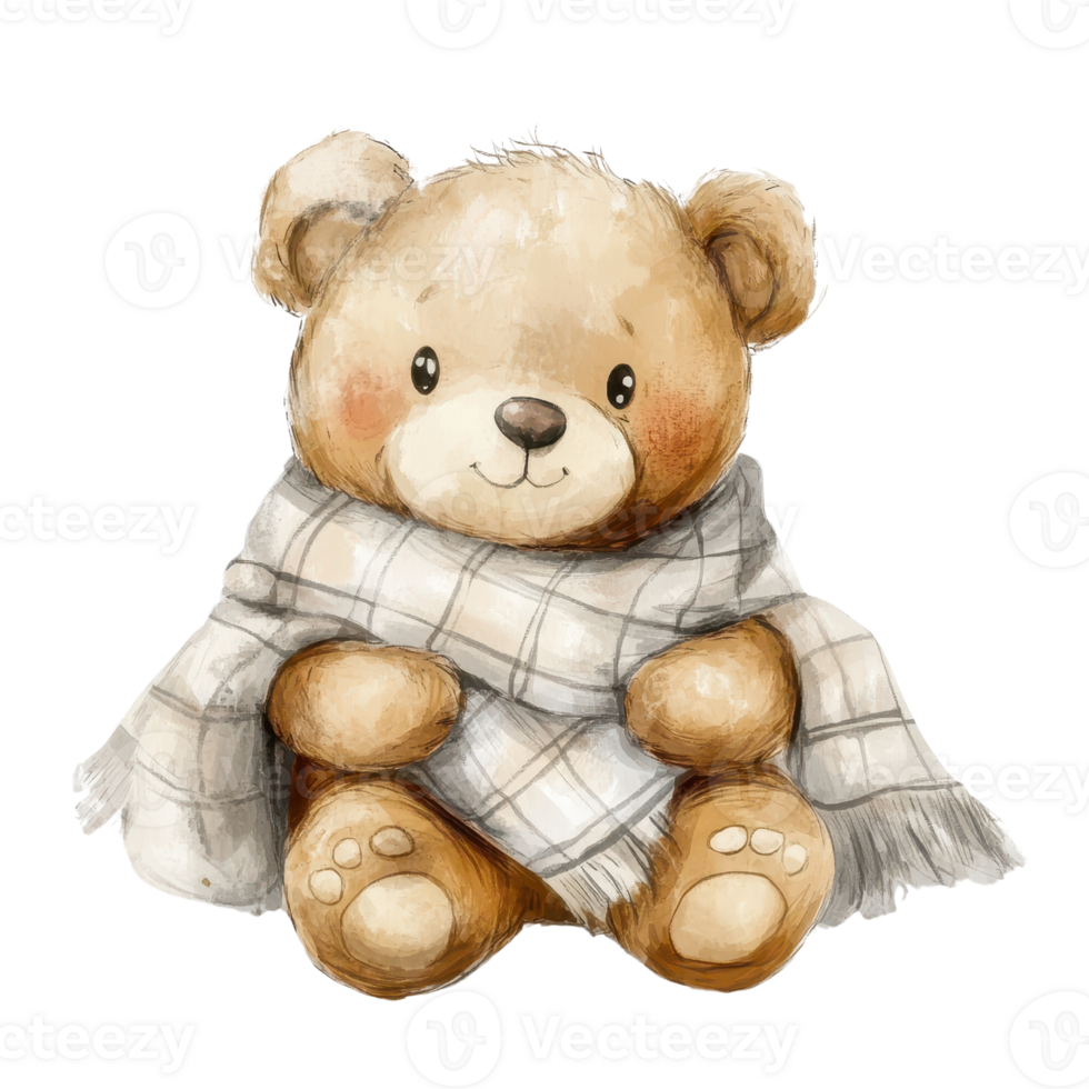 Cute teddy bear sitting wrapped in a cozy scarf, evoking warmth and comfort. png