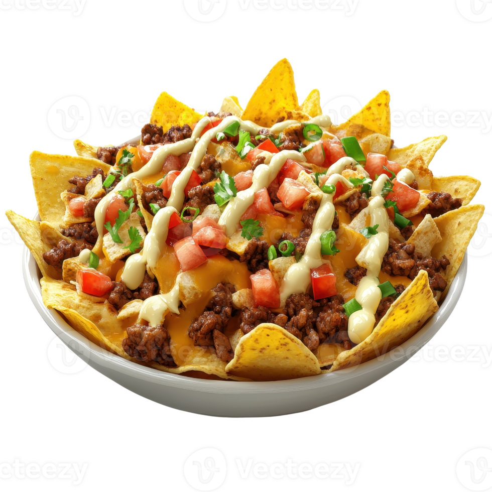 Delicious nachos topped with beef, cheese, vegetables, and creamy sauces. png