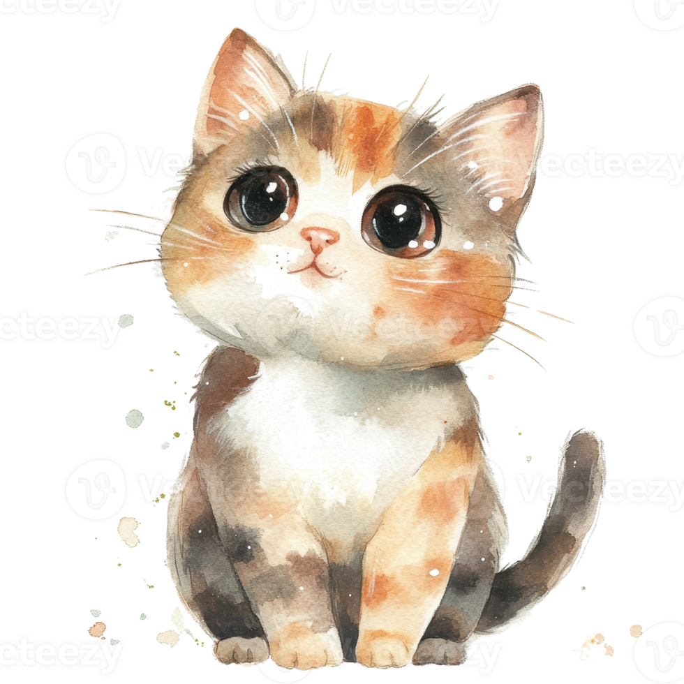 Cute watercolor kitten with big eyes and a playful expression, perfect for cat lovers. png