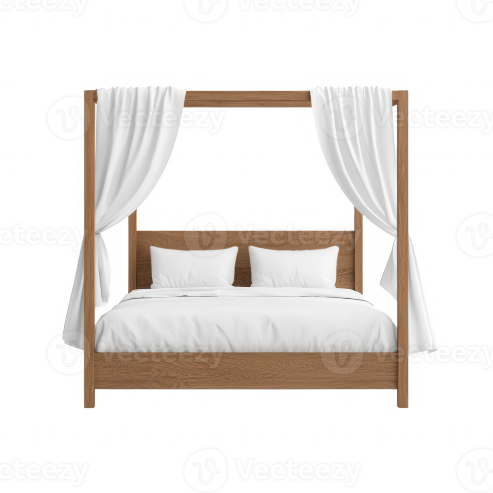Elegant canopy bed design with soft white linens for a peaceful sleep environment. png