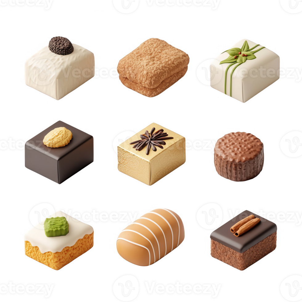 Delicious assortment of gourmet chocolates and confectionery treats displayed elegantly. png