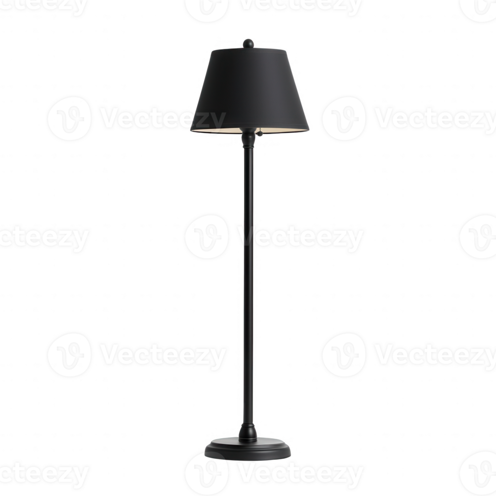 Stylish black floor lamp illuminating a cozy interior space, ideal for modern decor. png