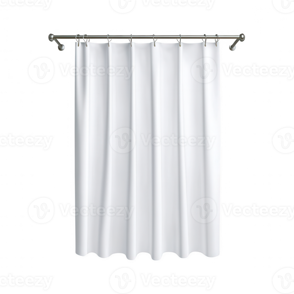 Elegant white shower curtain hanging neatly in a modern bathroom setting. png