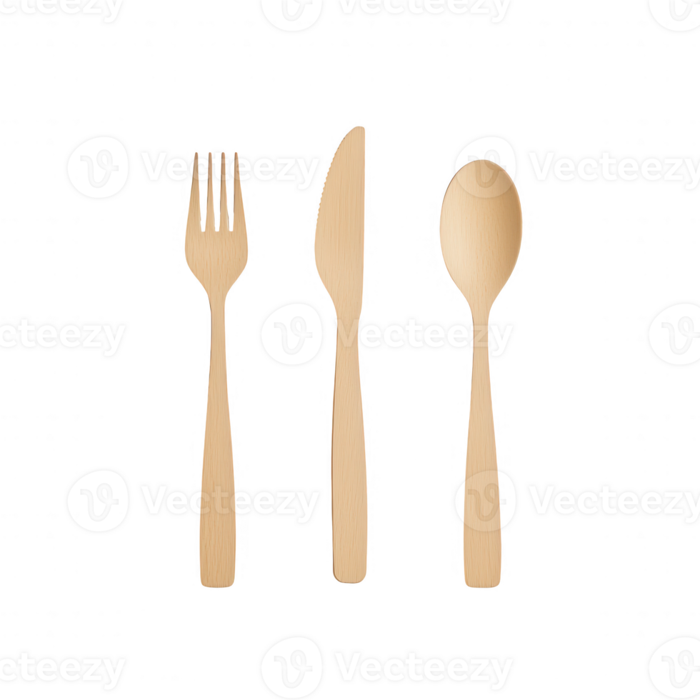 Elegant wooden cutlery set including fork, knife, and spoon on a white background. png