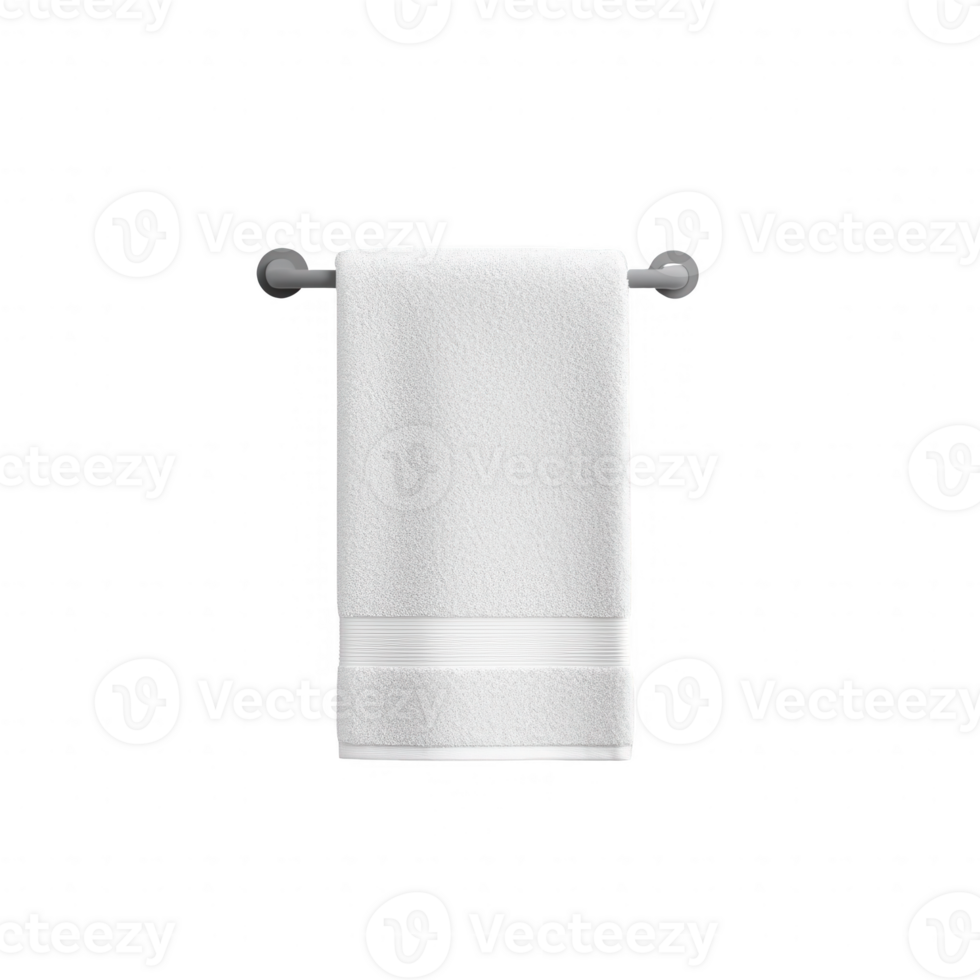 Elegant white towel hanging on a modern rack in a minimalist bathroom setting. png