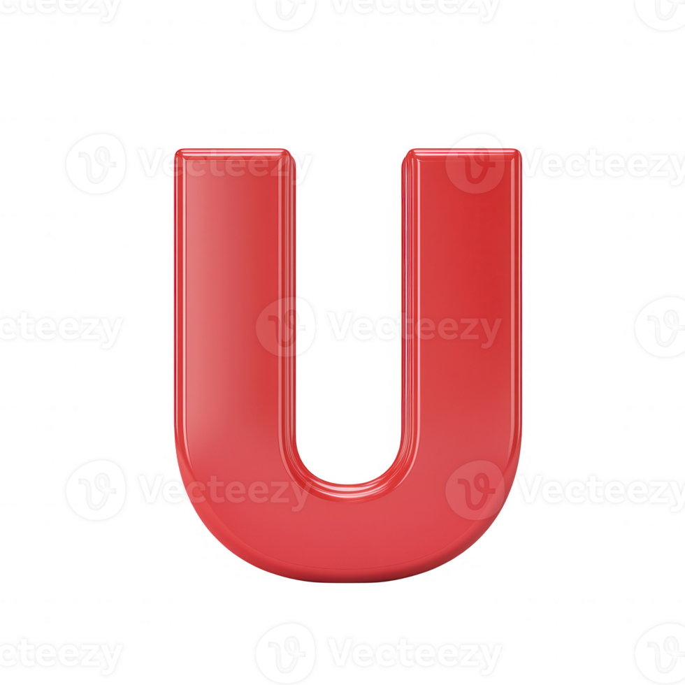 Stylish 3D red letter U with a glossy finish on a transparent background. png