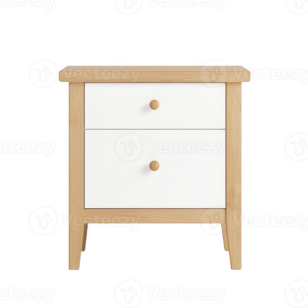 Minimalist bedside table with two drawers and natural wood finish for modern decor. png
